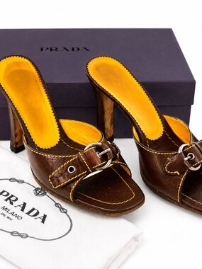 Prada Brown Leather Buckle Mule Sandals Heels Size 36.5 / 6.5 US w/ Box